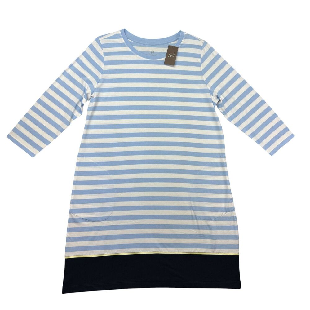 J Jill Dress Women's Medium Blue White Fit Striped A-Line 3/4 Sleeve Pockets NWT